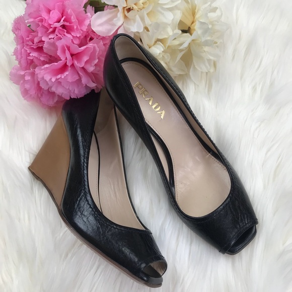Prada Black Leather Peep Toe Wedge Heel - Picture 1 of 8